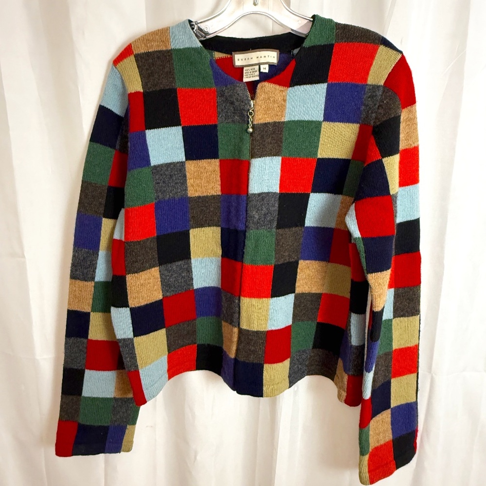 Susan Martin M 1990's Vintage Color Block Cardigan Sweater Zipper Y2K
